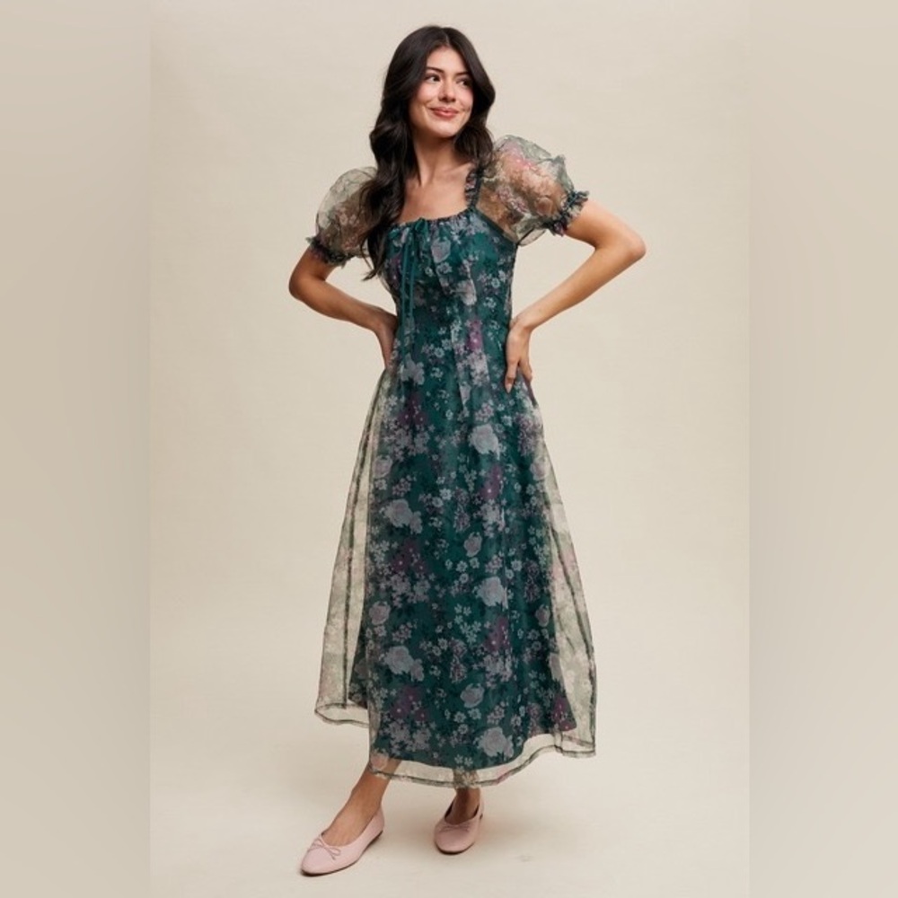 Organza Puff Sleeve Floral Print Maxi Dress - Listicle